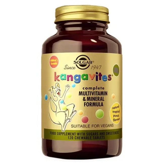 A jar of Solgar Kangavites Tropical Punch Children's (3+) multivitamin and mineral formula with a kangaroo graphic, labeled as vegan suitable, containing 60 chewable tablets in tropical fruit punch flavor.