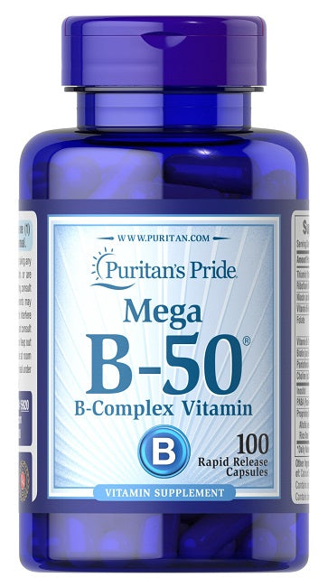 Puritan's Pride Vitamin B-50 Complex 100 Rapid Release Capsules supports cardiovascular and mental health.