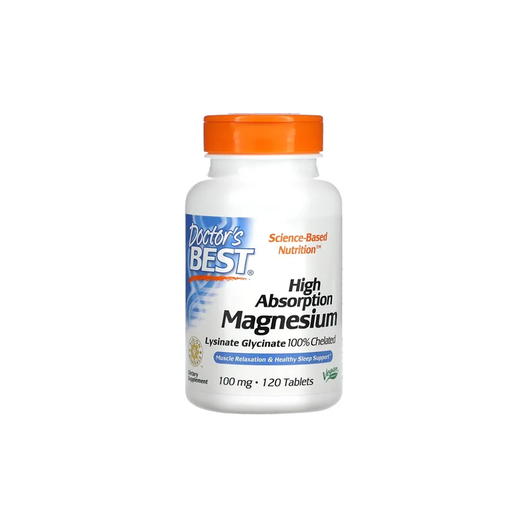 A bottle of Doctor's Best High Absorption Magnesium, containing 120 tablets with each tablet providing 100 mg of chelated lysine glycinate.