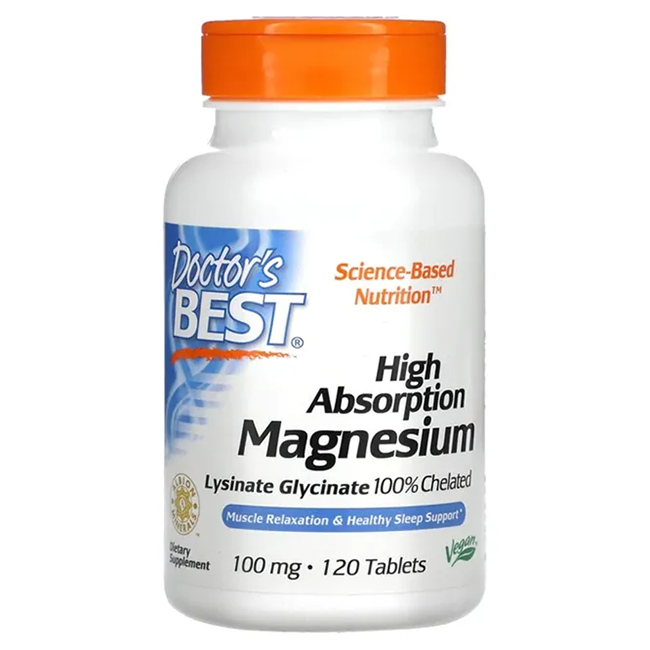 A bottle of Doctor's Best High Absorption Magnesium contains 120 tablets, each with 100 mg. The orange and white label emphasizes its chelated lysine glycinate formula for optimal magnesium absorption.