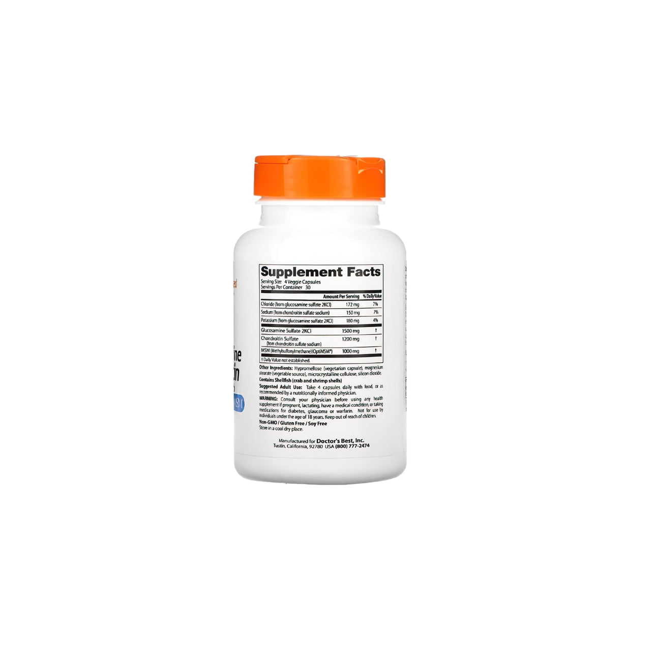 Une bouteille de Doctor's Best Glucosamine Chondroïtine MSM 120 gélules sur fond blanc.
