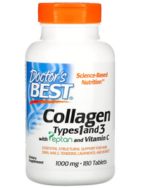 Vignette pour Doctor's Best Collagen Types 1 et 3 1000 mg 180 comprimés avec vitamine C.