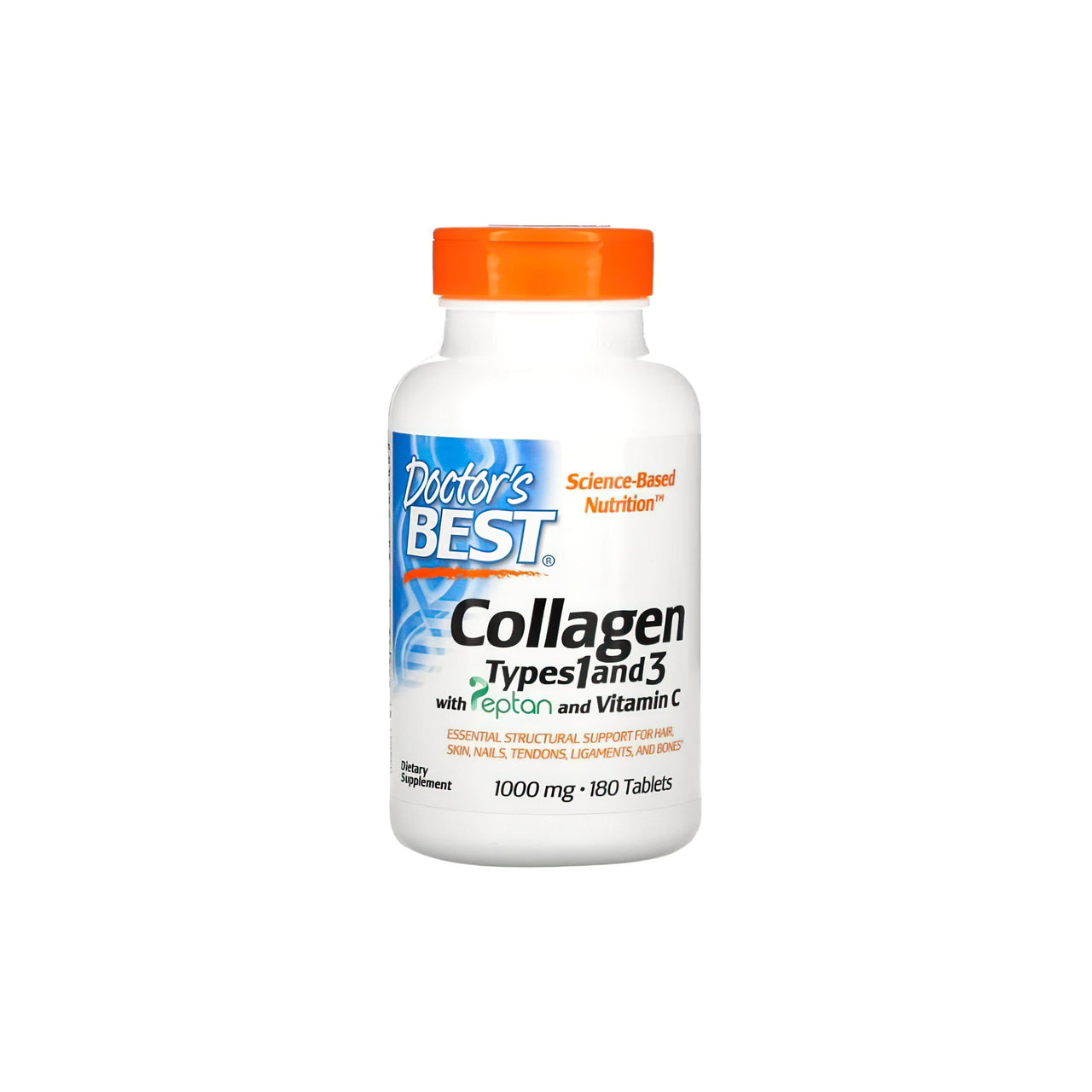 Une bouteille de Doctor's Best Collagen types 1 et 3 1000 mg 180 comprimés, le meilleur supplément de collagène.