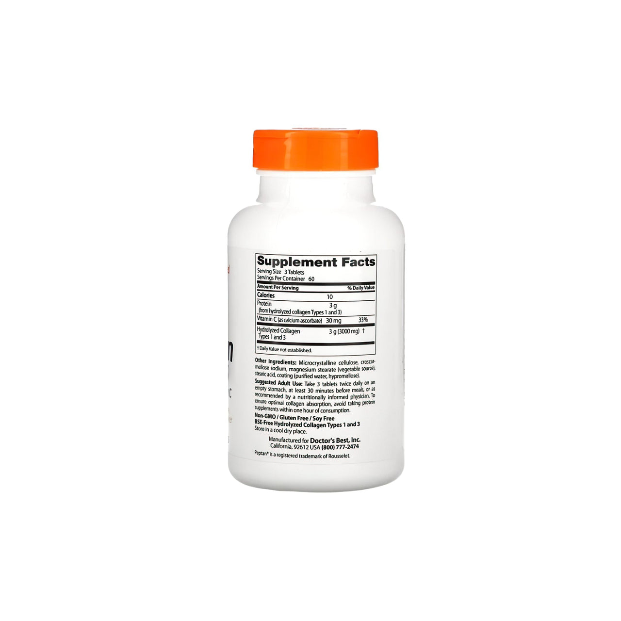 Un flacon de Doctor's Best Collagen types 1 et 3 1000 mg 180 comprimés sur fond blanc.