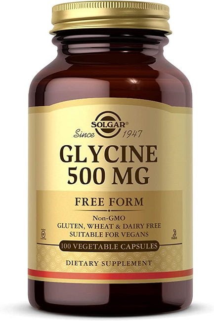 Une bouteille de Solgar Glycine 500 mg 100 Capsules végétales forme libre.
