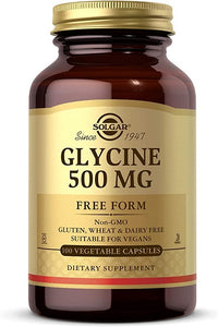 Vignette d'une bouteille de Solgar Glycine 500 mg 100 Capsules végétales forme libre.