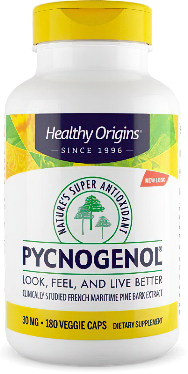 Une bouteille de Healthy Origins Pycnogenol 30 mg 180 gélules végétales, un complément alimentaire pour la santé cardiovasculaire riche en antioxydants.