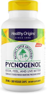 Vignette pour Un flacon de Healthy Origins Pycnogenol 30 mg 180 gélules végétales, un complément alimentaire pour la santé cardiovasculaire riche en antioxydants.