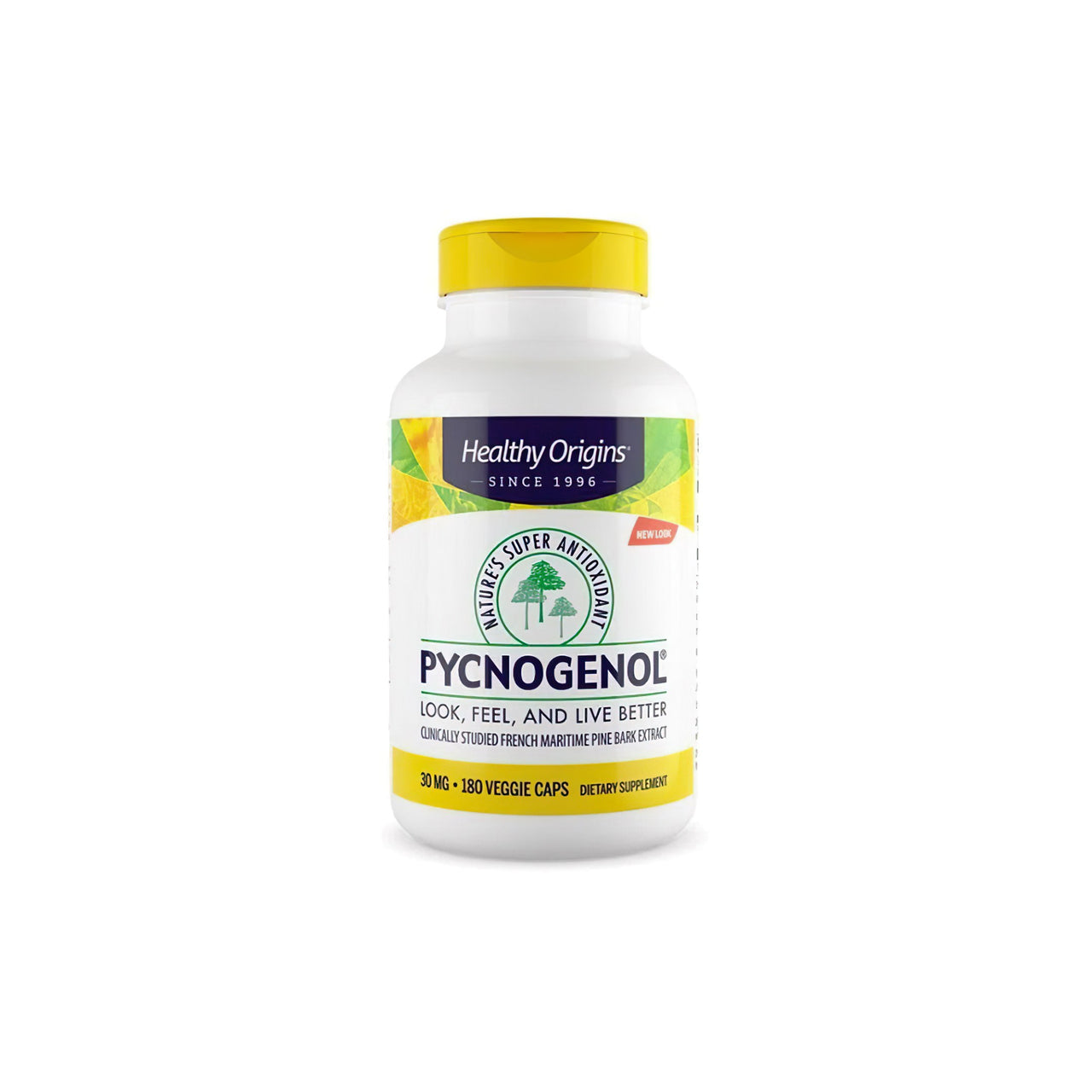 Une bouteille de Healthy Origins' complément alimentaire antioxydant, Pycnogenol 30 mg 180 gélules végétales, pour la santé cardiovasculaire.