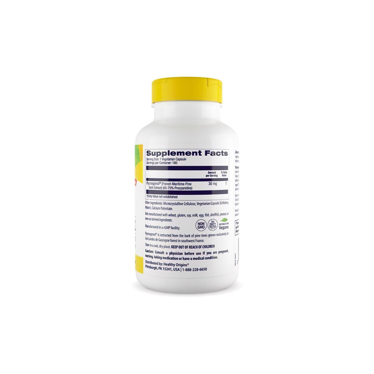 Une bouteille de complément alimentaire de Pycnogenol 30 mg 180 gélules végétales, un puissant antioxydant pour la santé cardiovasculaire, présenté sur un fond blanc propre, par Healthy Origins.