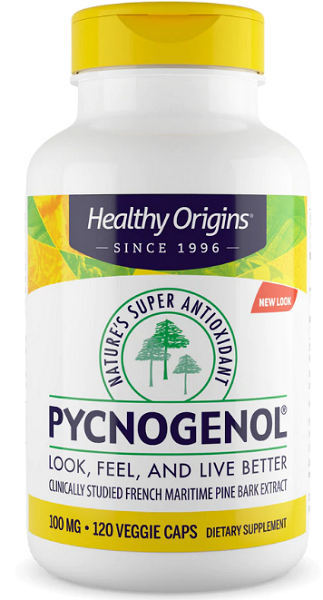 Une bouteille de Healthy Origins Pycnogenol 100 mg 120 gélules végétales, riche en antioxydants, dérivé de l'extrait d'écorce de pin maritime. Parfait pour promouvoir la santé cardiovasculaire.