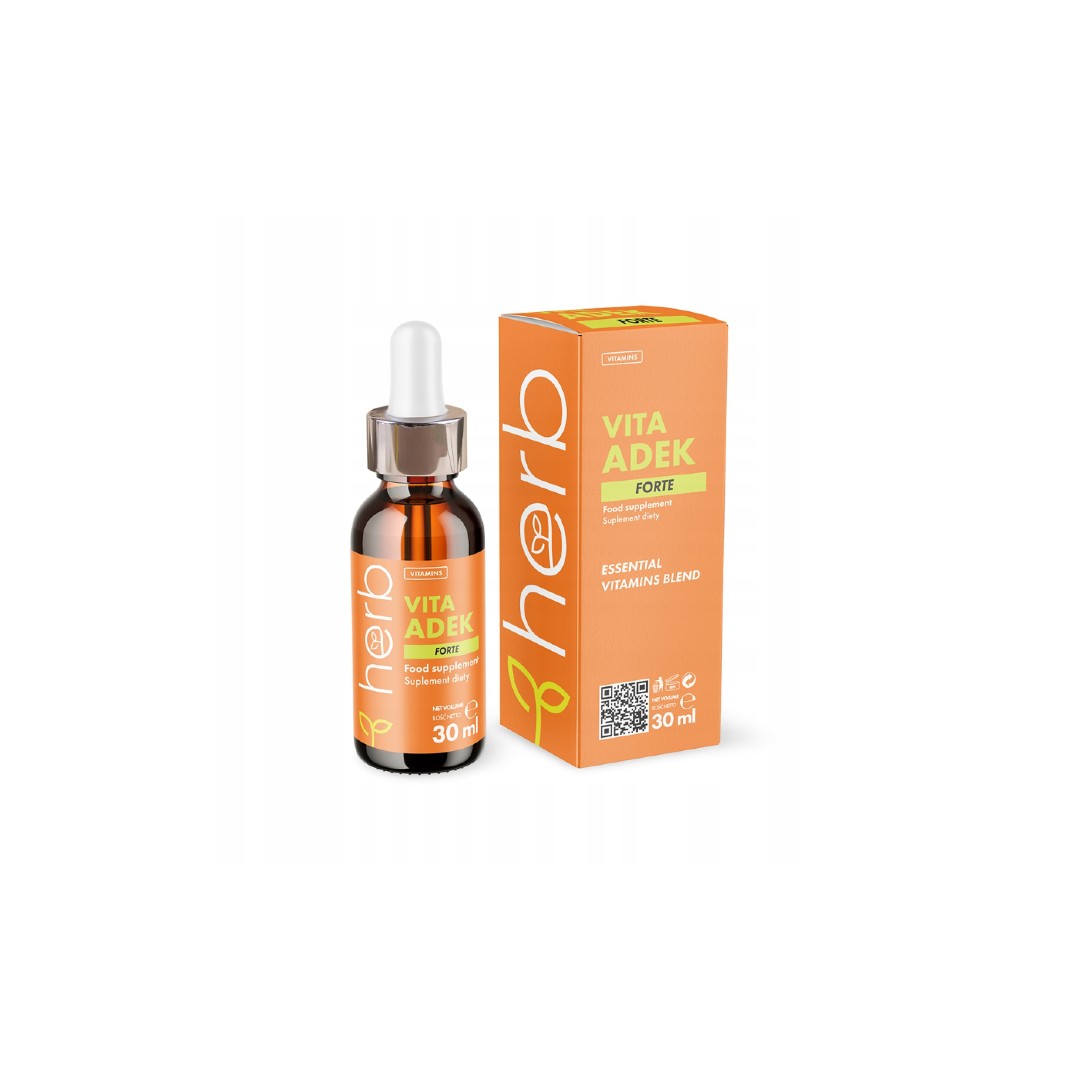 A brown bottle with a dropper, labeled "VITA ADEK 30 ml," sits next to an orange box featuring the same branding from Herb. This essential vitamins blend is crafted to support the immune system and enhance bone health with potent vitamins A, D, E, and K.