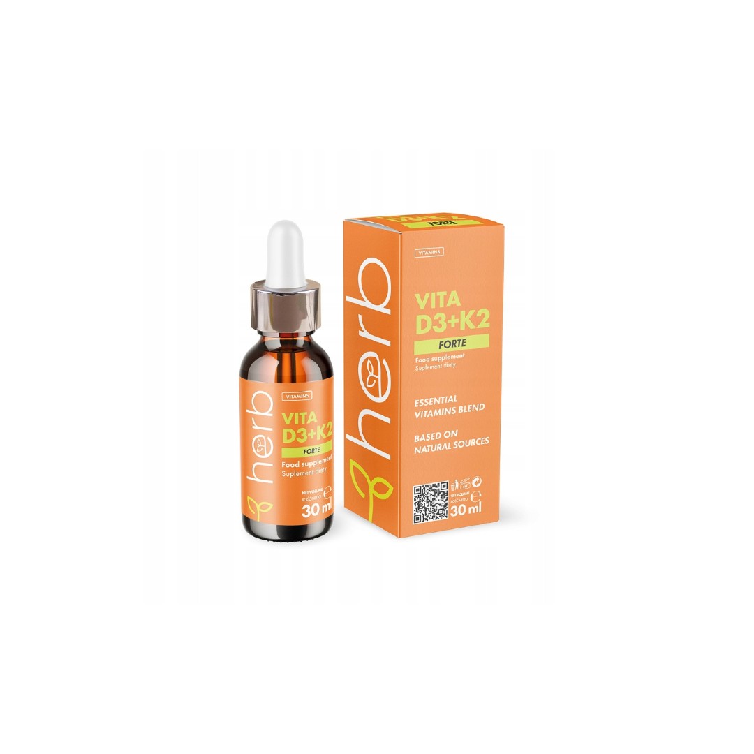 A bottle of Herb Vitamin D3 + K2, 30ml, accompanied by an orange box, enhances cardiovascular health.