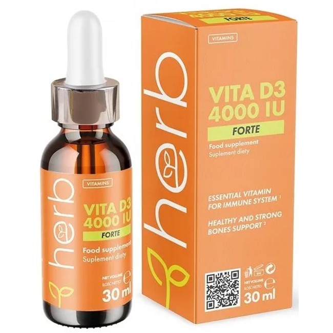 Bottle and box of Herb's Vitamin D3 4000 IU 30 ml, a dietary supplement abundant in Vitamin D3 to strengthen the immune system and improve bone health.