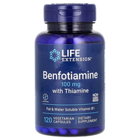 Thumbnail for A bottle of Life Extension's Benfotiamine 100 mg with Thiamine, celebrated for its antioxidant properties, offers 120 vegetarian capsules and is a Non-GMO and gluten-free dietary supplement.