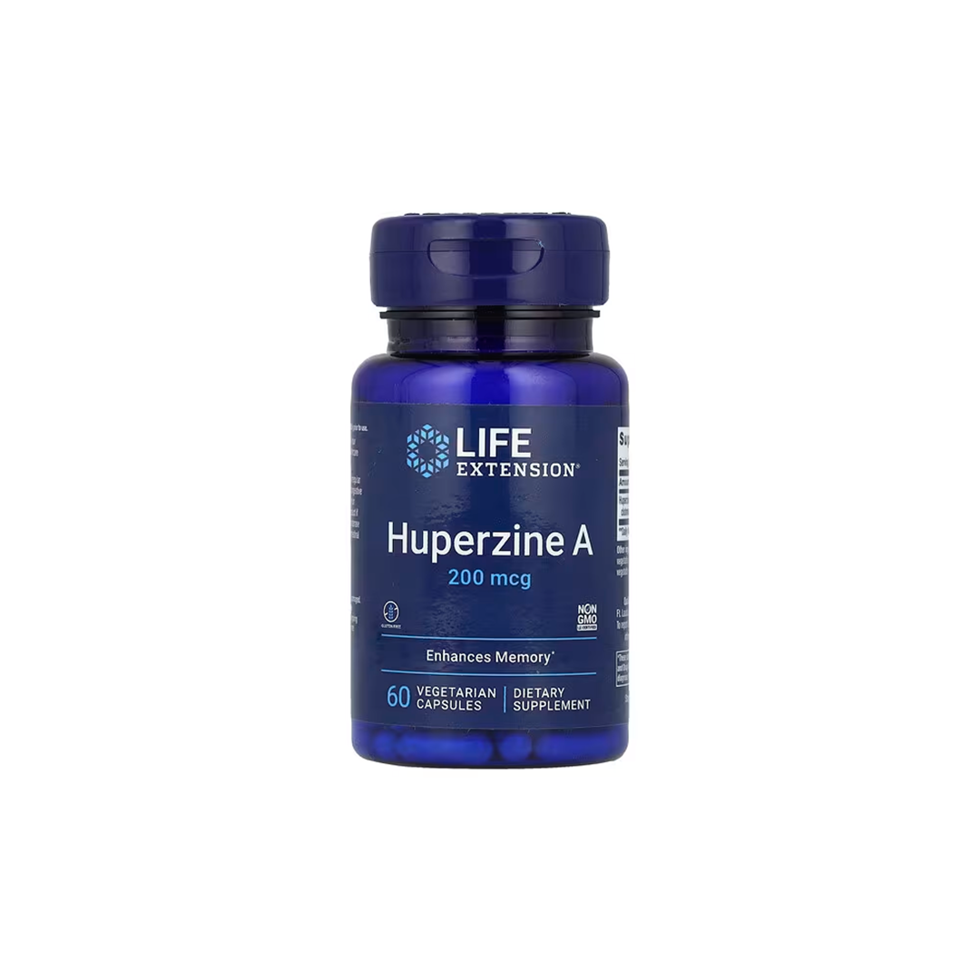 Life Extension offers Huperzine A 200 mcg dietary supplement in a blue bottle containing 60 vegetarian capsules, specifically designed to support cognitive function and memory.