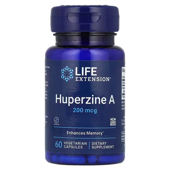 A blue bottle branded "Life Extension" contains "Huperzine A 200 mcg," with 60 vegetarian capsules, designed to provide strong memory support and enhance cognitive function.