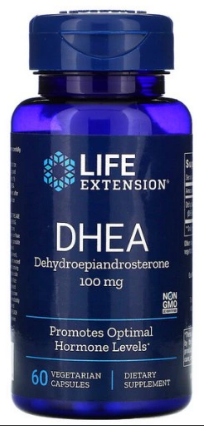 Une bouteille de Life Extension DHEA 100 mg 60 gélules végétales.