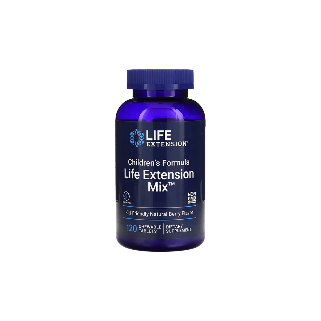 A blue bottle of Children's Formula Life Extension Mix, a vitamin and mineral supplement from Life Extension, contains 120 chewable tablets with a natural berry flavor. This mix ensures your little ones receive essential nutrients in every tasty bite.