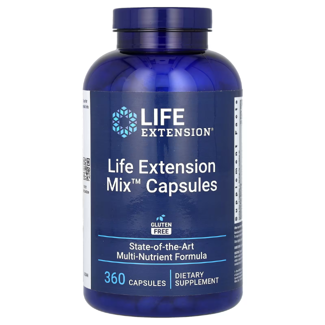 The Life Extension Mix Capsules by Life Extension come in a 360-capsule blue bottle and offer a robust dietary supplement with essential vitamins and an all-encompassing multi-nutrient formula, all gluten-free.