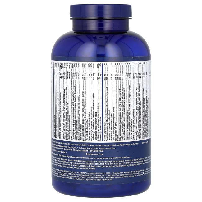 A blue bottle labeled in white features comprehensive nutritional information in small text, emphasizing key vitamins for Life Extension Mix Capsules 360 Capsules by Life Extension.