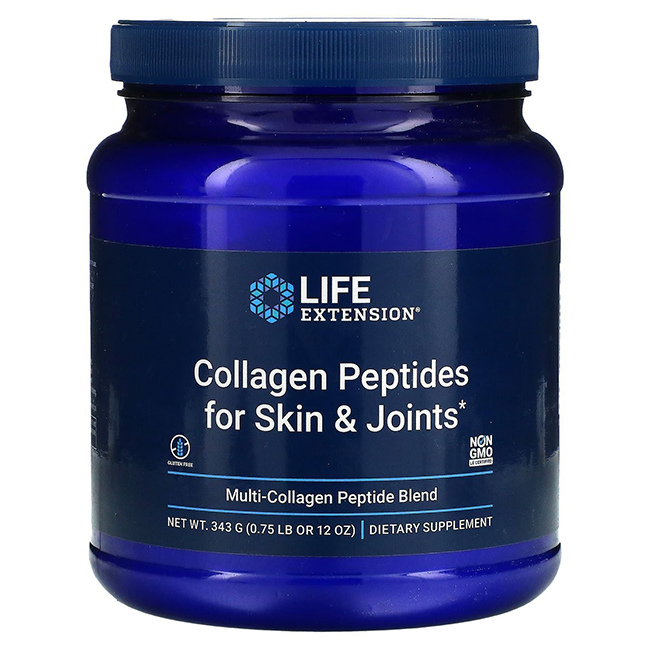 A blue container of Life Extension's Collagen Peptides for Skin and Joints, a non-GMO dietary supplement, weighs 343 grams or 12 oz.