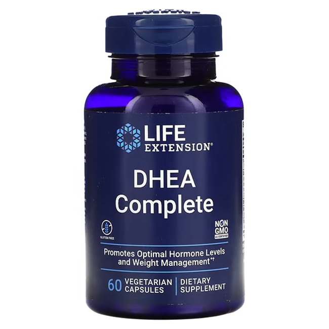 The DHEA Complete supplement by Life Extension comes in a blue bottle and contains 60 vegetarian capsules. It is designed to promote optimal hormone balance, support mood enhancement, and assist with weight management. This distinctively formulated DHEA product is both Non-GMO and gluten-free.