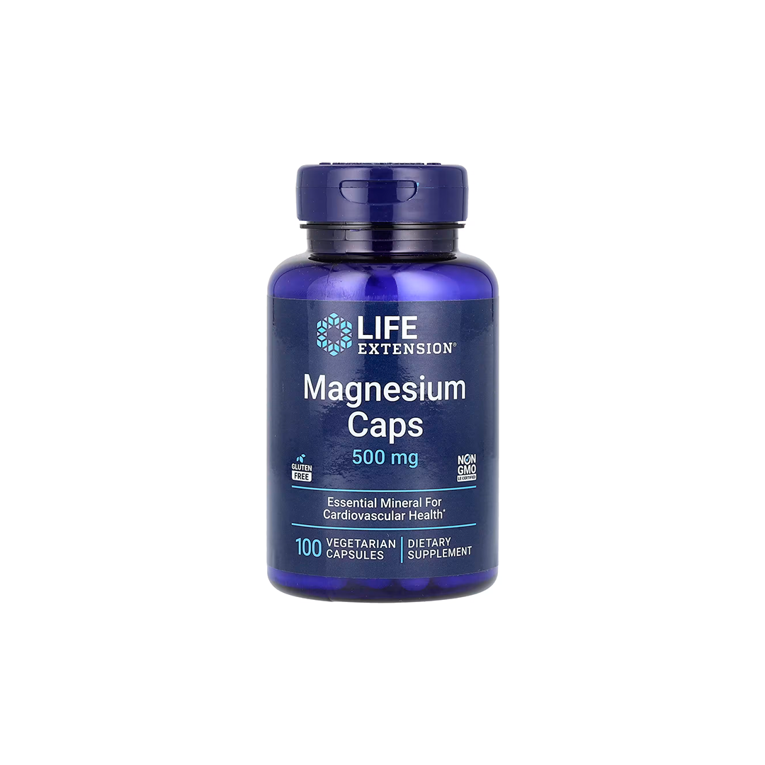 The Life Extension Magnesium Caps, 500 mg, come in a bottle containing 100 vegetarian capsules and offer essential magnesium for cardiovascular health.