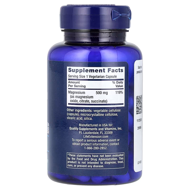 The Magnesium Caps 500 mg by Life Extension are packaged in a blue bottle and contain 100 vegetarian capsules with supplement facts on the label. These supplements, each containing 500 mg of magnesium, support cardiovascular health and are proudly manufactured in the USA.