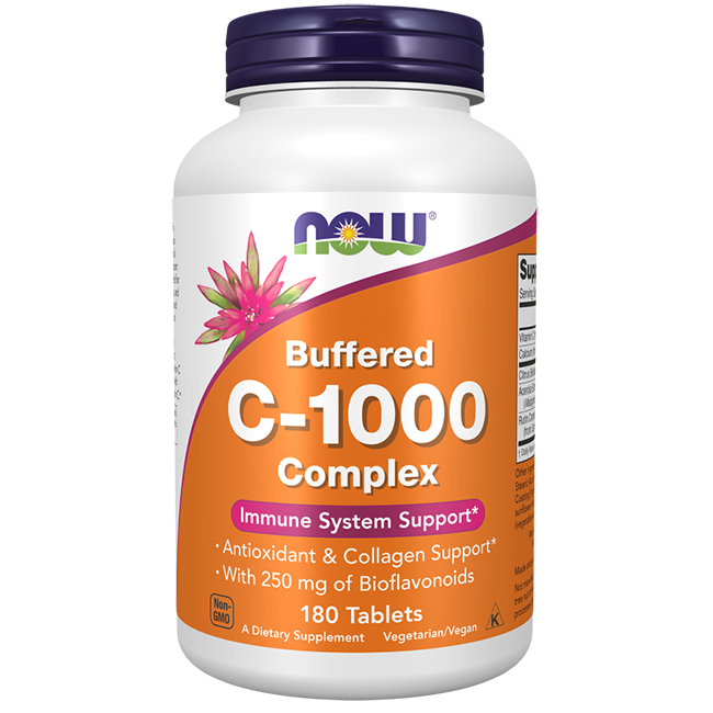 Introducing Now Foods' Buffered C-1000 Complex, a dietary supplement containing 180 tablets designed for powerful immune support. This product is rich in antioxidants, enhanced with bioflavonoids, and supports collagen production, making it an excellent choice for both vegetarians and vegans.