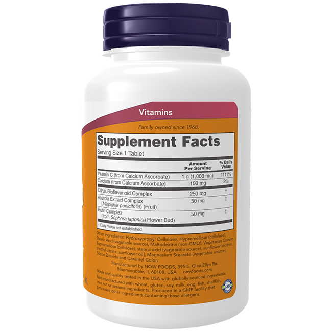 A bottle of Buffered C-1000 Complex 180 Tablets from Now Foods, showcasing a supplement facts label that provides serving size, includes ingredients such as bioflavonoids, and offers nutritional information to support the immune system.