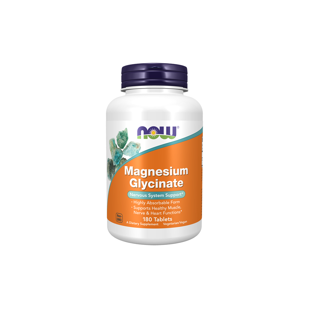 The product Magnesium Glycinate 200 mg from Now Foods comes in a bottle containing 180 tablets and supports nervous system health, muscle function, and heart well-being, while also aiding in energy production as a dietary supplement.