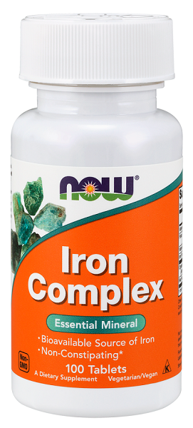 Un flacon de Now Foods Iron Complex 100 comprimés.