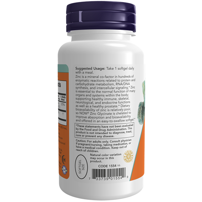 Now Foods Zinc Glycinate 30 mg, 120 Softgels are dietary supplements formulated to support the immune system. The label recommends taking one softgel daily with a meal and includes a disclaimer regarding FDA evaluation.