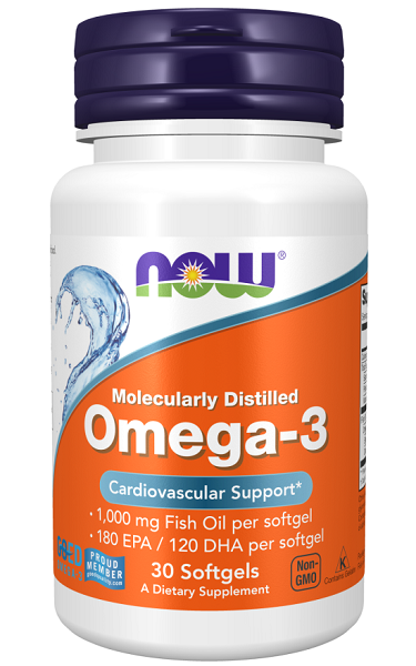 Un supplément d'oméga-3 180 EPA/120 DHA 30 softgels de Now Foods, riche en huile de poisson pour promouvoir un cœur sain.