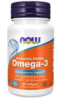 Vignette pour un supplément d'oméga-3 180 EPA/120 DHA 30 softgels de Now Foods, riche en huile de poisson pour promouvoir un cœur sain.