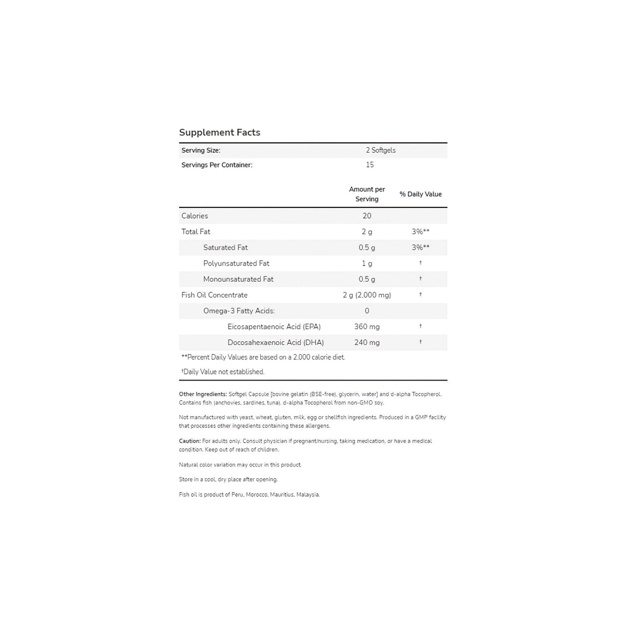 Un tableau présentant les ingrédients du Now Foods Omega-3 180 EPA/120 DHA 30 softgel, mettant en évidence les mots-clés SEO essentiels : Oméga-3 et Huile de poisson. Le tableau est placé sur un fond blanc épuré, offrant une présentation facile à lire.