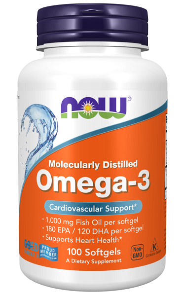 Now Foods Oméga-3 180 EPA/120 DHA 100 softgel, distillé moléculairement pour les maladies cardiaques.