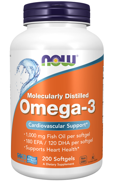 Une bouteille d'Oméga-3 180 EPA/120 DHA 200 softgel de Now Foods, favorisant la santé cardiaque et le soutien du système immunitaire.