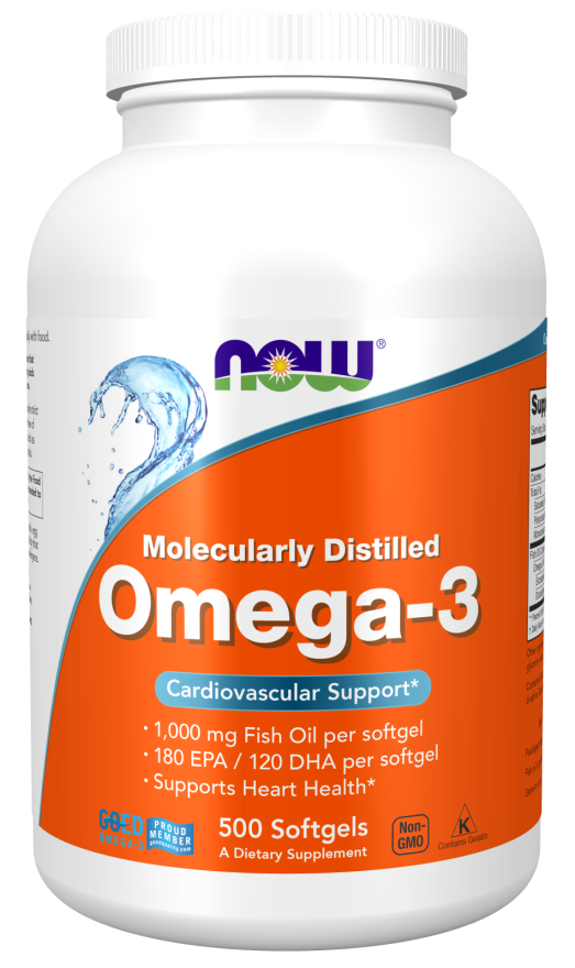 Now Foods Oméga-3 180 EPA/120 DHA 500 softgels pour la santé du cœur.