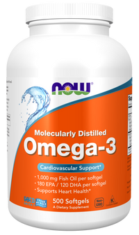 La vignette de Now Foods Omega-3 180 EPA/120 DHA 500 softgel soutient la santé cardiaque.