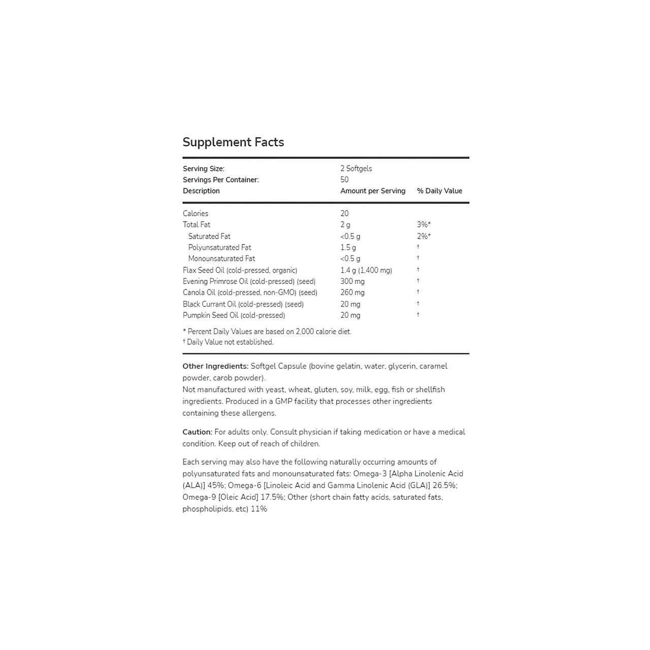 Une feuille blanche sur laquelle figure une étiquette nutritionnelle présentant des propriétés anti-inflammatoires et mettant en valeur le produit Now Foods Omega 3-6-9 100 softgel.