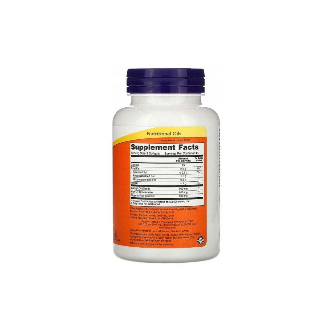 Une bouteille de suppléments d'oméga 3-6-9 90 softgels aux propriétés anti-inflammatoires sur un fond blanc par Now Foods.