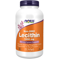 Thumbnail for A bottle of Now Foods Lecithin 1200 mg, containing 200 softgels, is a Non-GMO dietary supplement rich in phospholipids to support brain health.