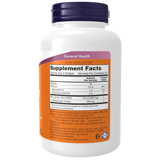 Image of a "Lecithin 1200 mg 200 Softgels" bottle by Now Foods featuring "Supplement Facts" with details on nutrients, serving size, and daily values. The label emphasizes soy lecithin, recognized for supporting general and brain health with essential phospholipids.