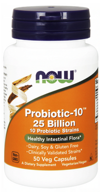 Vignette pour Now Foods Probiotic-10 25 milliards 50 gélules végé est un complément puissant contenant 5 milliards de cultures vivantes pour soutenir la digestion et renforcer l'immunité.
