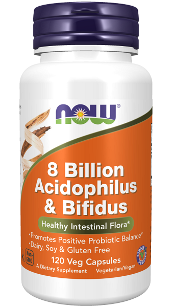 Now Foods 8 milliards d'acidophilus et de bifidus 120 gélules végétales.