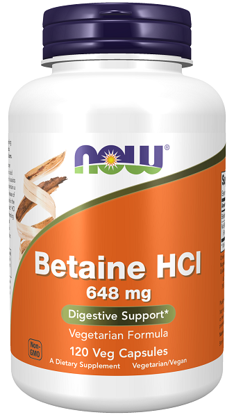 Now Foods Betaine HCI est un complément alimentaire sous forme de gélules végétales de 648 mg.