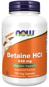 Vignette pour Now Foods Betaine HCI est un complément alimentaire sous forme de gélules végétales de 648 mg.