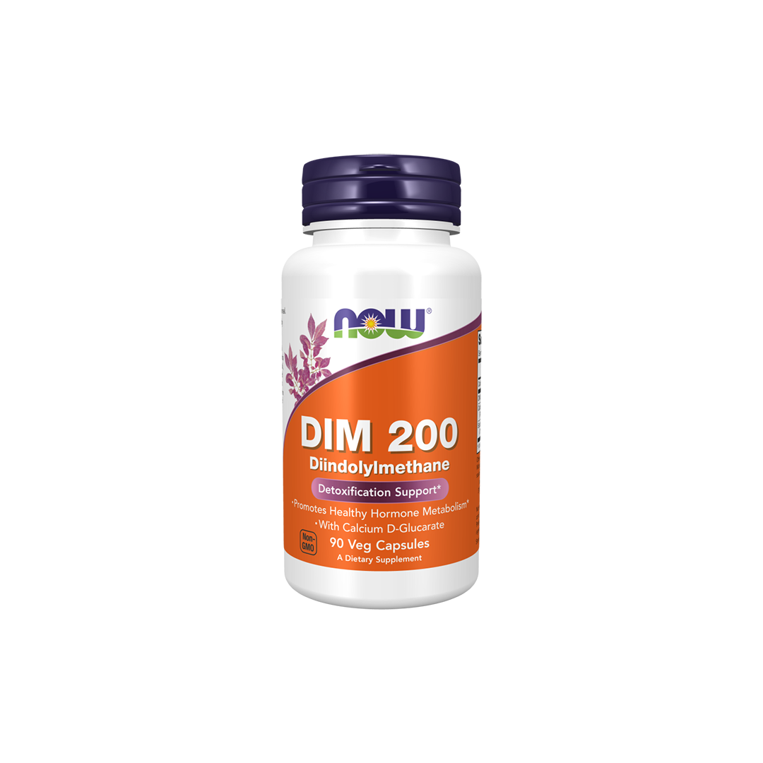 NOW DIM 200 mg by Now Foods provides 90 veg capsules of Diindolylmethane and calcium D-glucarate for detoxification support and hormone metabolism.